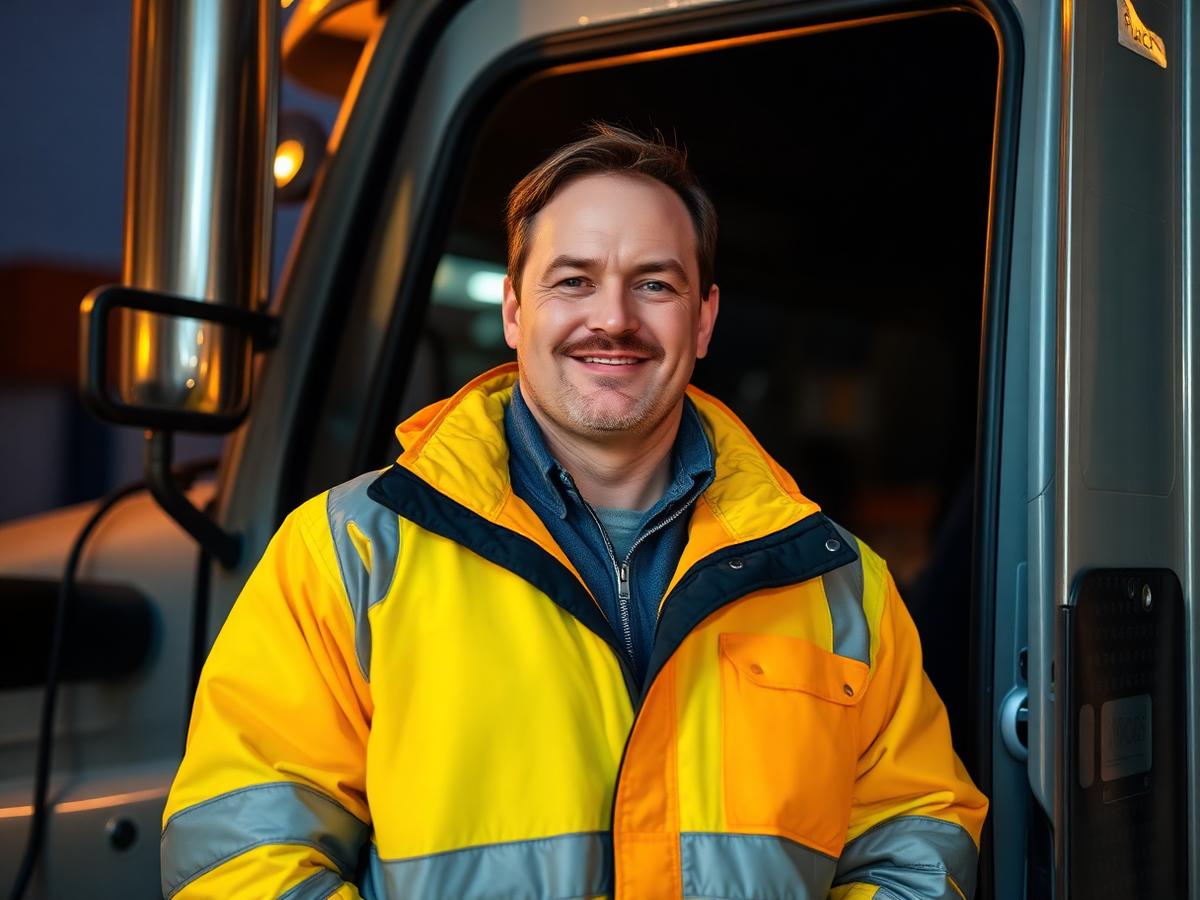 Professional truck driver standing beside a truck cab at a logistics yard